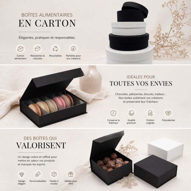 Parce que vos créations méritent le meilleur 🍬Nos boîtes alimentaires en carton protègent et valorisent vos produits avec élégance. Macarons, chocolats ou biscuits restent parfaitement présentés et conservés.✔️ Conservation optimale✔️ Intérieur adapté (cales disponibles)✔️ Idéal traiteurs & pâtissiers✔️ Effet “wahou” garanti à l’ouverture🎁 L’emballage fait partie de l’expérience.#foodbox #packaginglovers #macarons #chocolaterie #traiteur #emballage #branding #experienceclient